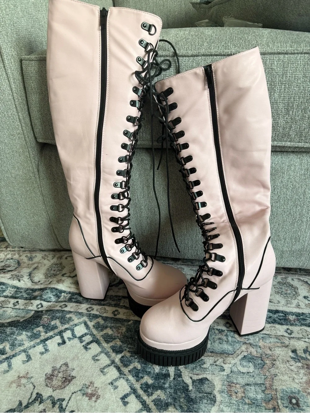 Lamoda Pink Over-the-Knee Lace-Up Platform Boots - Hidden Agenda Creeper